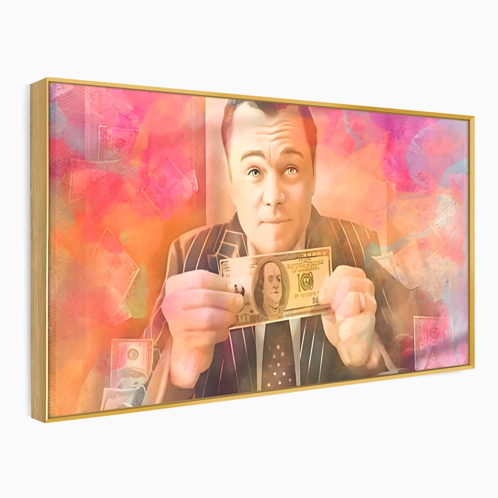Tablou canvas cu tablou cu actorul leonardo dicaprio tinand bani, in rama de aluminiu auriu