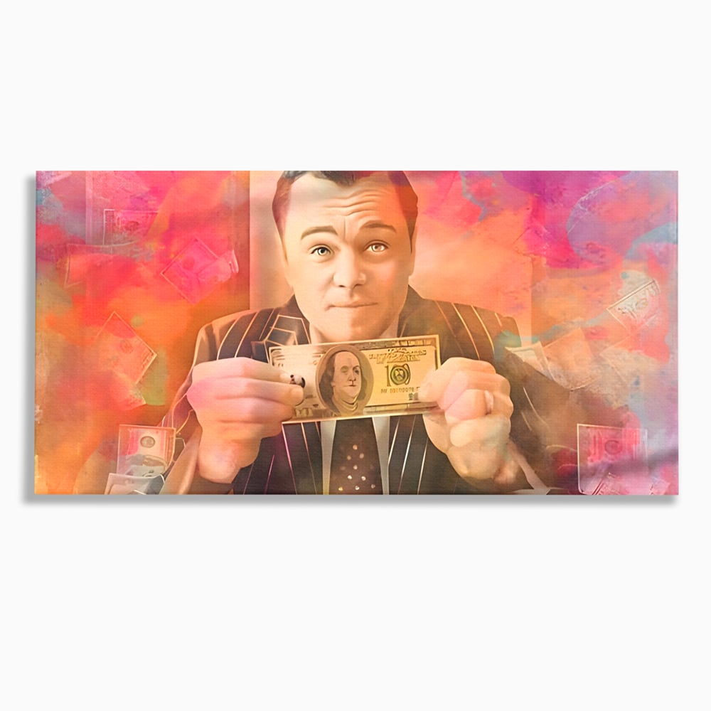 Tablou canvas cu tablou cu actorul leonardo dicaprio tinand bani, fara rama, pe sasiu de lemn