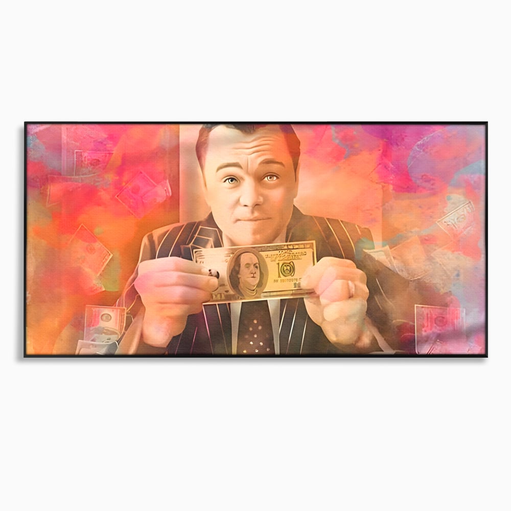 Tablou canvas cu tablou cu actorul leonardo dicaprio tinand bani, in rama de aluminiu negru