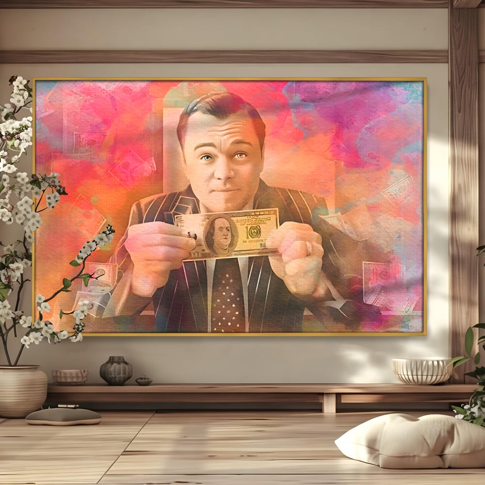 Tablou canvas cu tablou cu actorul leonardo dicaprio tinand bani, in rama de aluminiu auriu