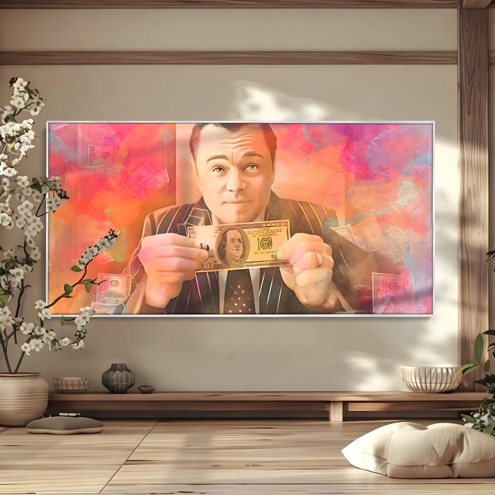 Tablou canvas cu tablou cu actorul leonardo dicaprio tinand bani, in rama de aluminiu argintiu