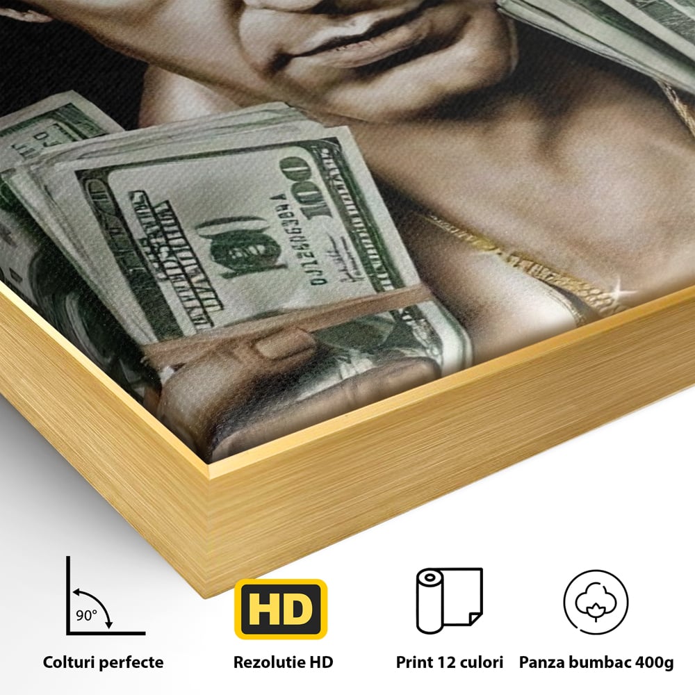 Detaliu al suprafetei: tablou canvas cu tony montana, in rama de aluminiu auriu