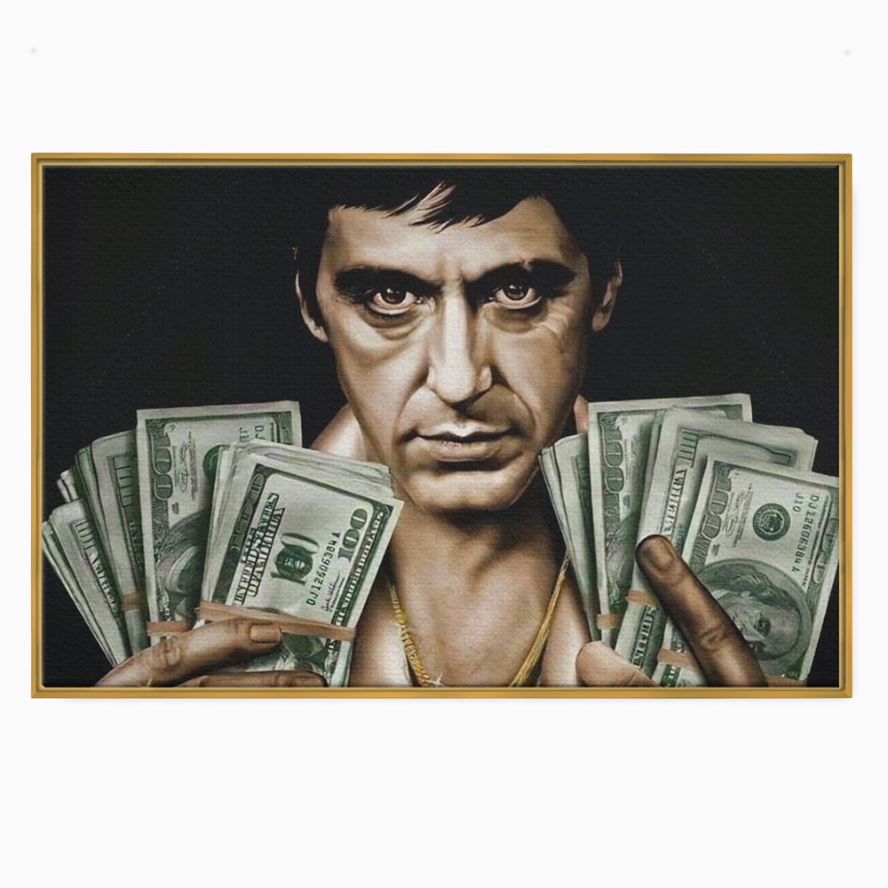 Tablou canvas cu tablou canvas cu tony montana, in rama de aluminiu auriu
