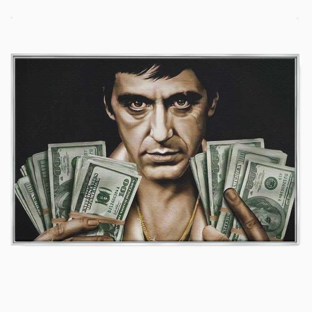 Tablou canvas cu tablou canvas cu tony montana, in rama de aluminiu argintiu