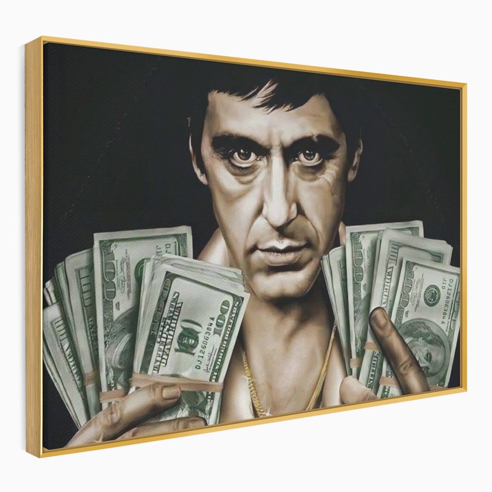 Tablou canvas cu tablou canvas cu tony montana, in rama de aluminiu auriu