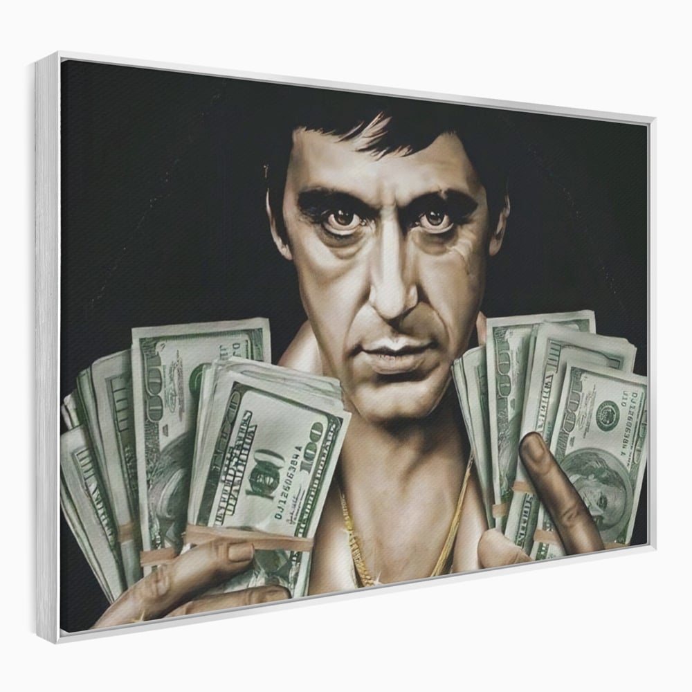 Tablou canvas cu tablou canvas cu tony montana, in rama de aluminiu argintiu