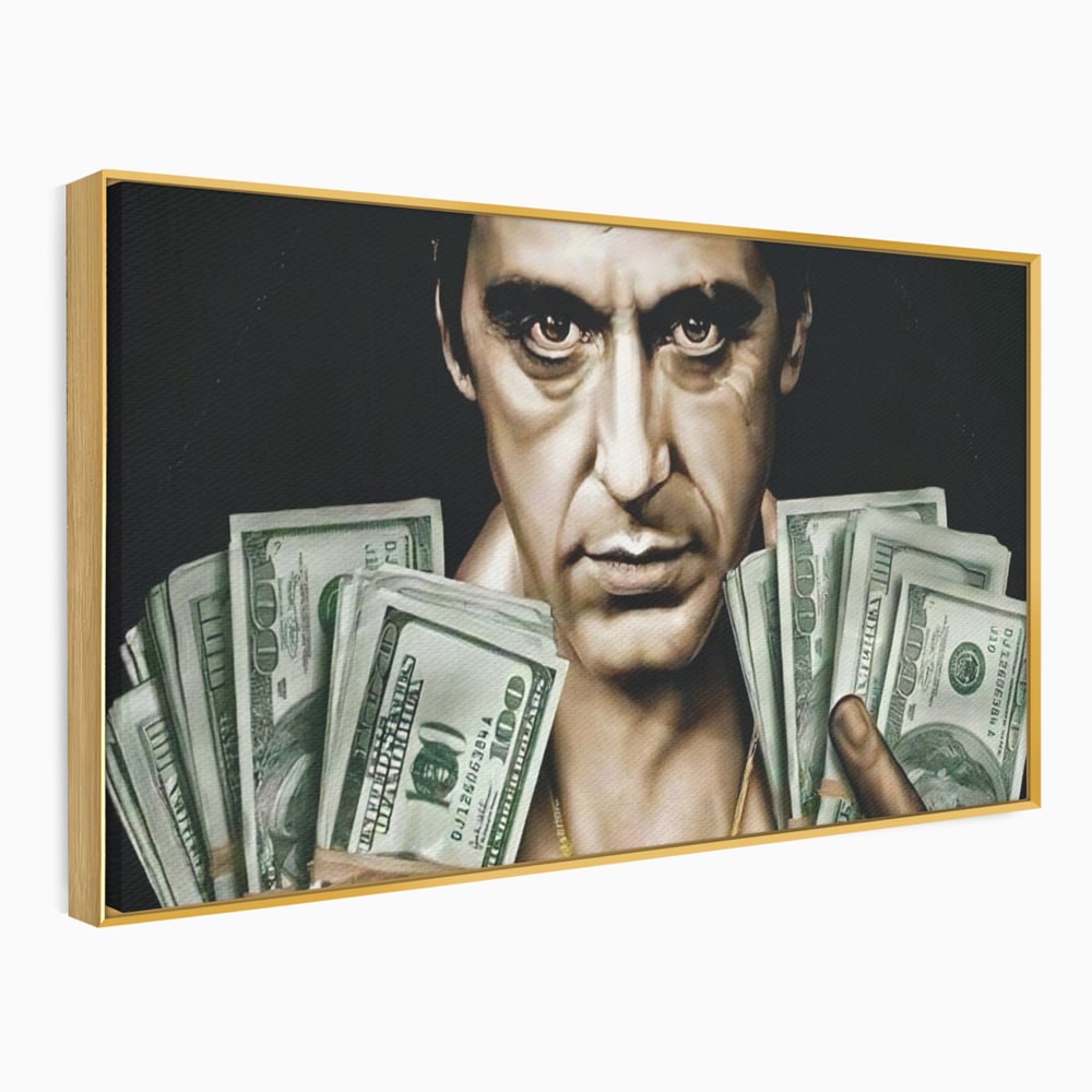 Tablou canvas cu tablou canvas cu tony montana, in rama de aluminiu auriu