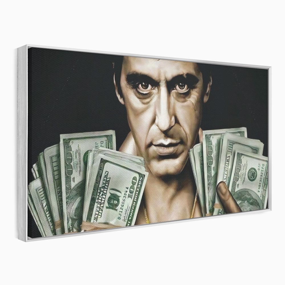 Tablou canvas cu tablou canvas cu tony montana, in rama de aluminiu argintiu
