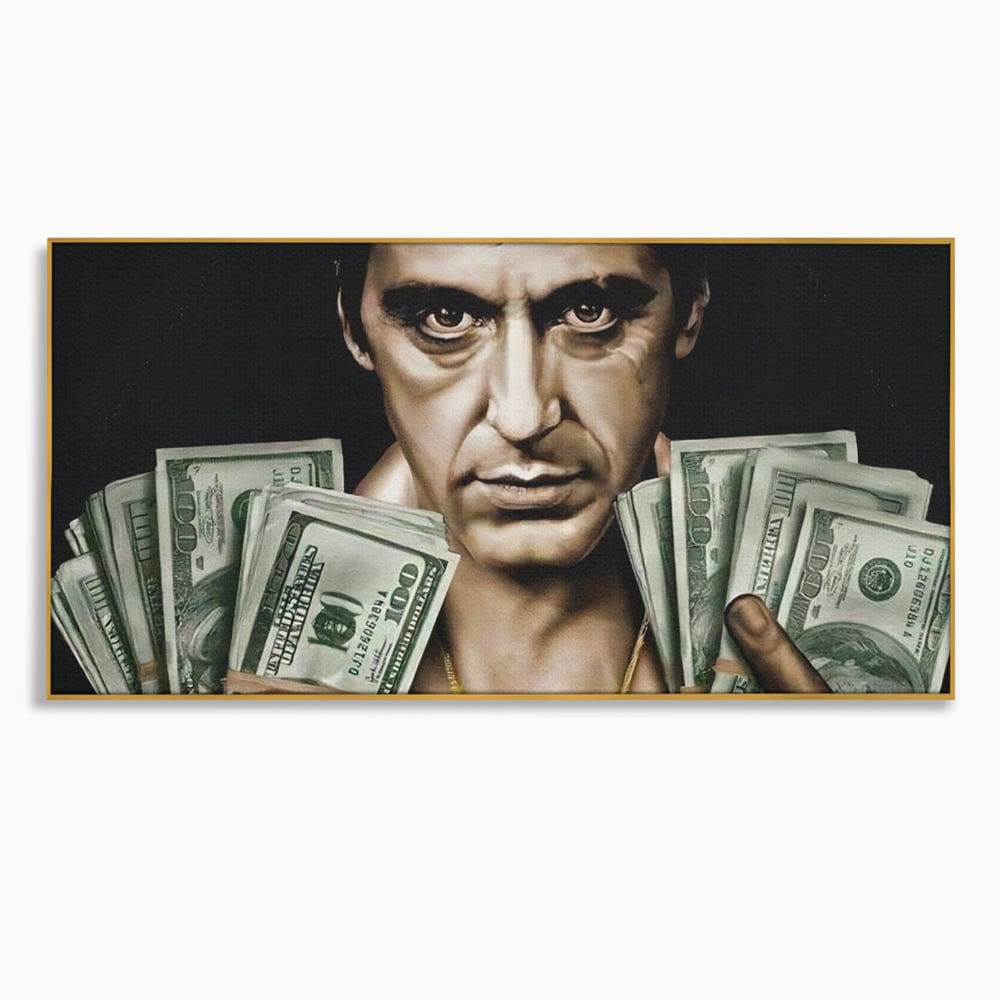 Tablou canvas cu tablou canvas cu tony montana, in rama de aluminiu auriu