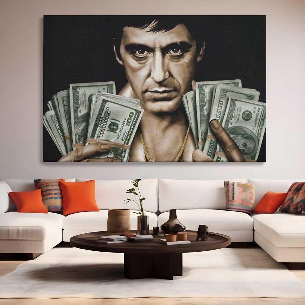 Tablou canvas cu tablou canvas cu tony montana, fara rama, pe sasiu de lemn, pe perete intr-un living