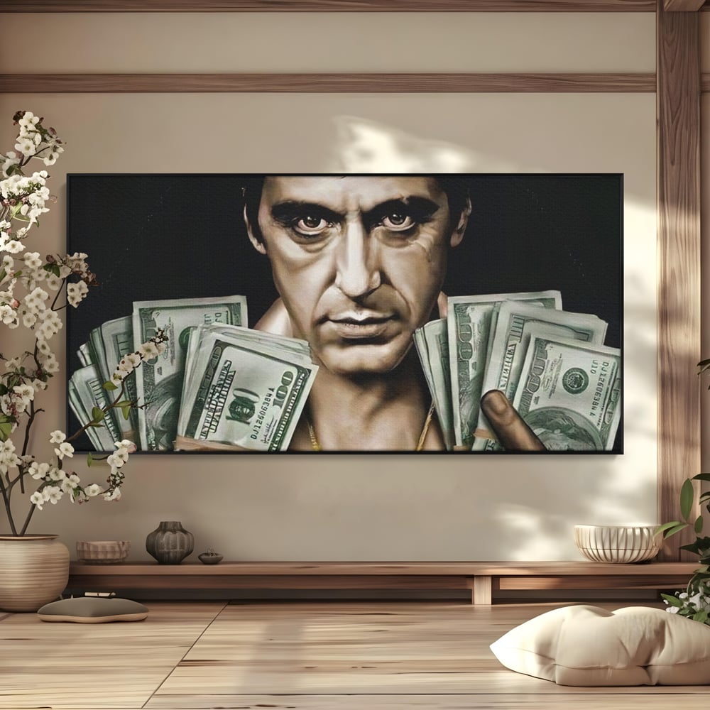 Tablou canvas cu tablou canvas cu tony montana, in rama de aluminiu negru