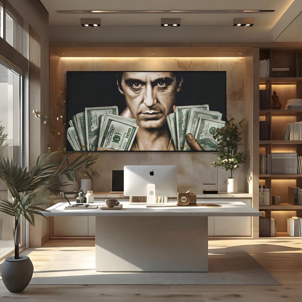 Tablou canvas cu tablou canvas cu tony montana, in rama de aluminiu negru, pe perete intr-un birou