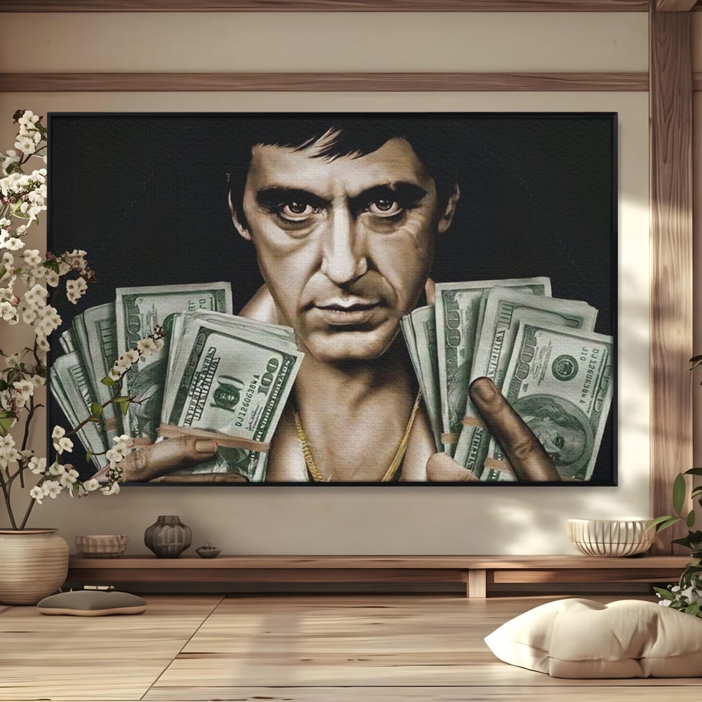 Tablou canvas cu tablou canvas cu tony montana, in rama de aluminiu negru
