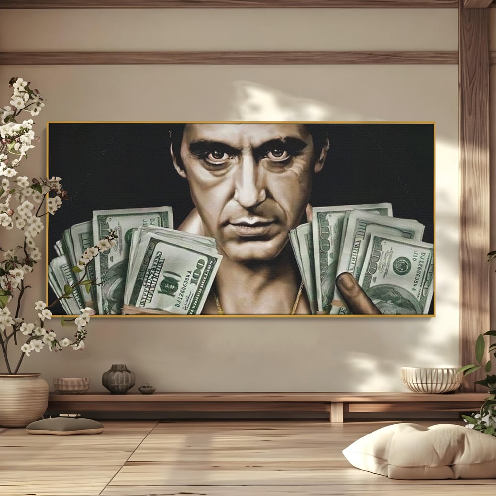 Tablou canvas cu tablou canvas cu tony montana, in rama de aluminiu auriu