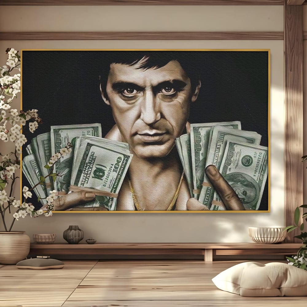 Tablou canvas cu tablou canvas cu tony montana, in rama de aluminiu auriu
