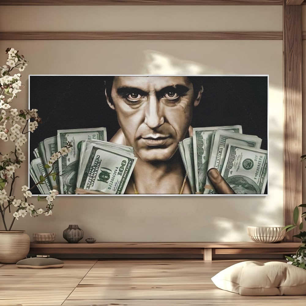 Tablou canvas cu tablou canvas cu tony montana, in rama de aluminiu argintiu