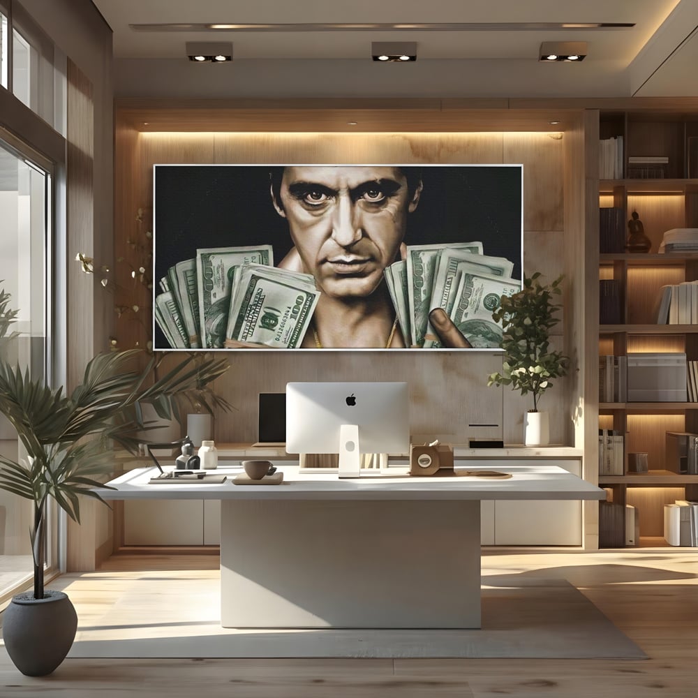 Tablou canvas cu tablou canvas cu tony montana, in rama de aluminiu argintiu, pe perete intr-un birou
