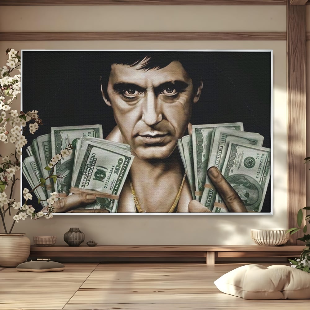 Tablou canvas cu tablou canvas cu tony montana, in rama de aluminiu argintiu