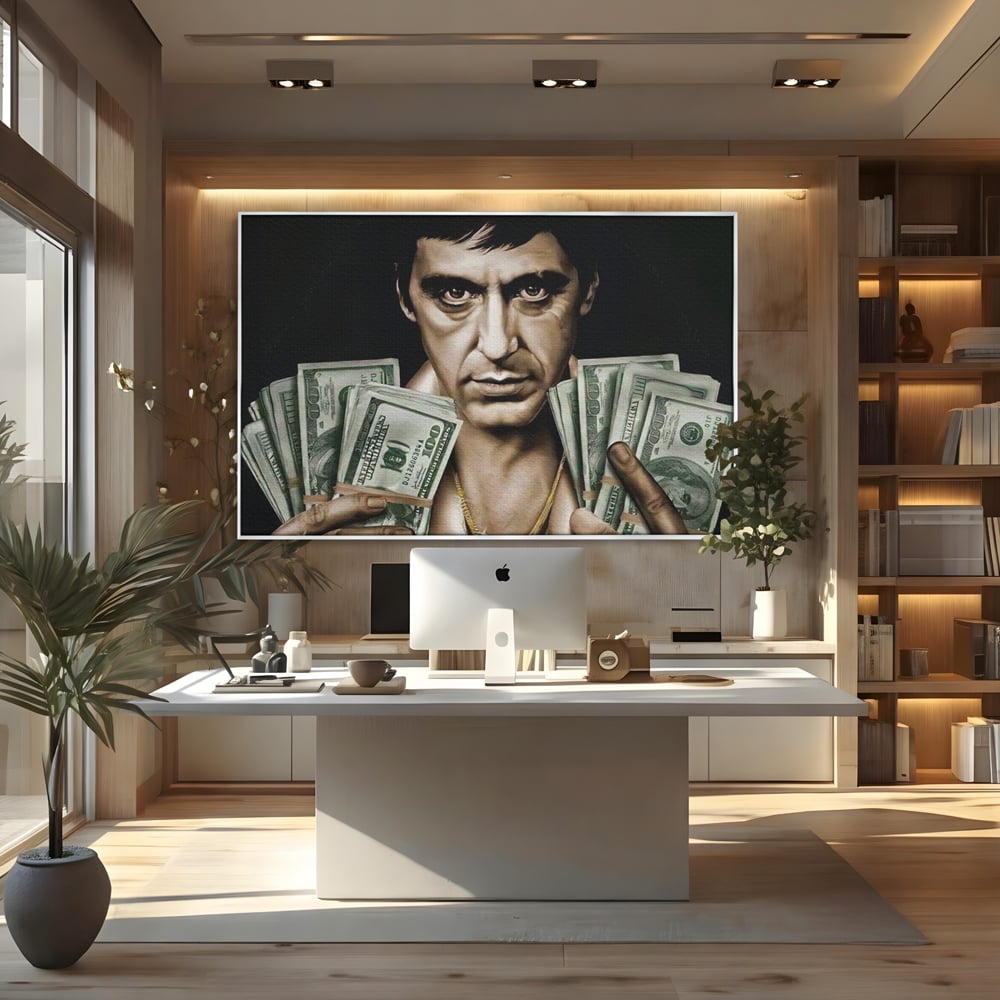 Tablou canvas cu tablou canvas cu tony montana, in rama de aluminiu argintiu, pe perete intr-un birou