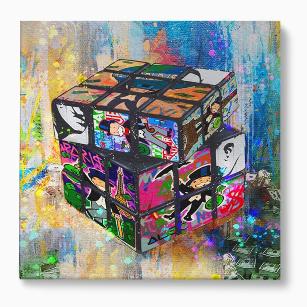 Tablou canvas cu pictura cub rubik cu monopol, fara rama, pe sasiu de lemn