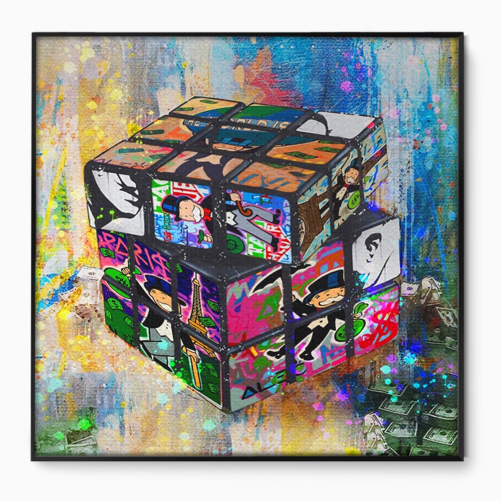 Tablou canvas cu pictura cub rubik cu monopol, in rama de aluminiu negru