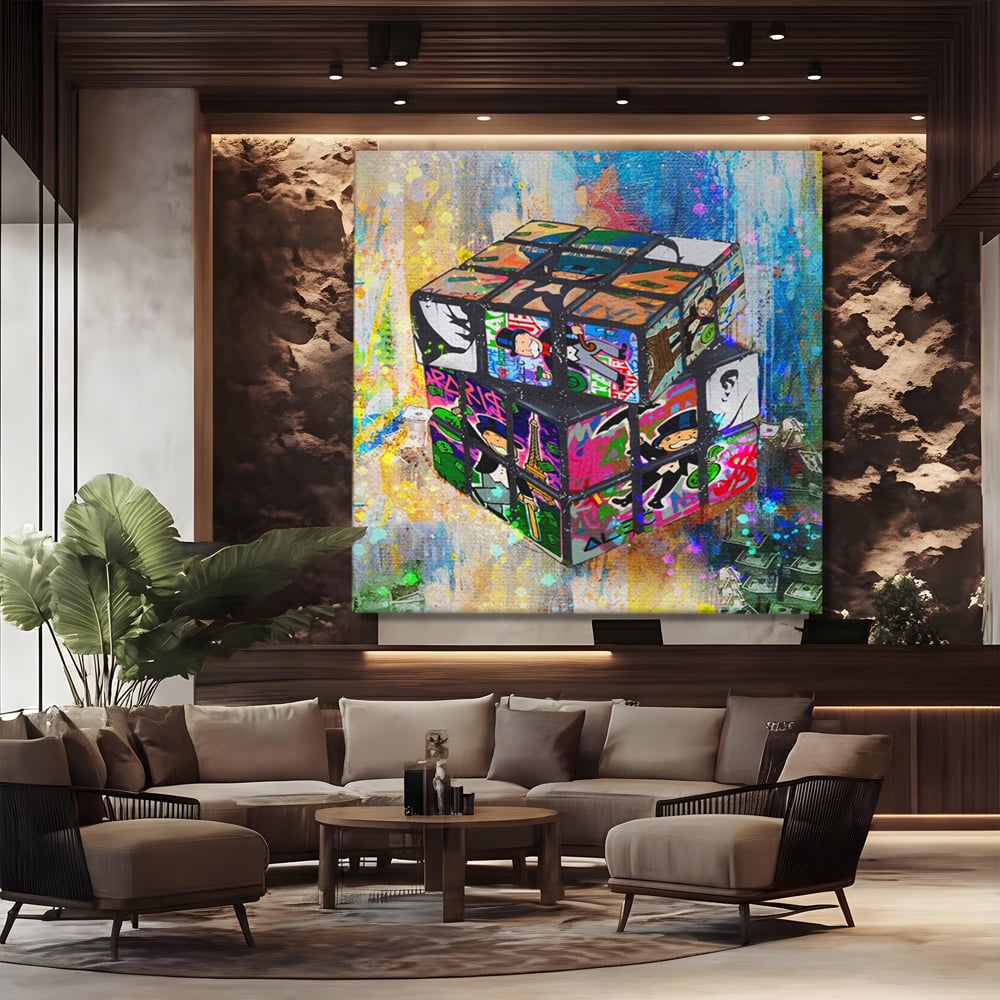 Tablou canvas cu pictura cub rubik cu monopol, fara rama, pe sasiu de lemn, pe perete intr-un birou