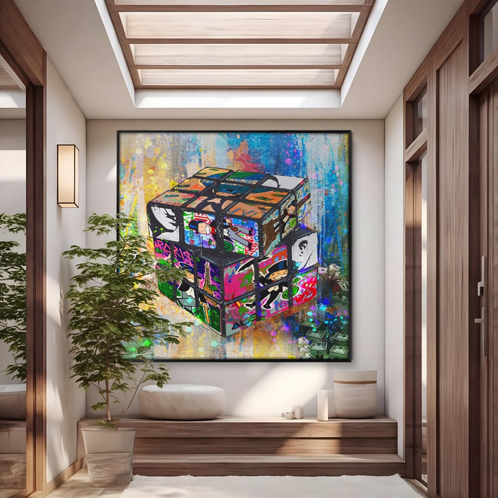 Tablou canvas cu pictura cub rubik cu monopol, in rama de aluminiu negru