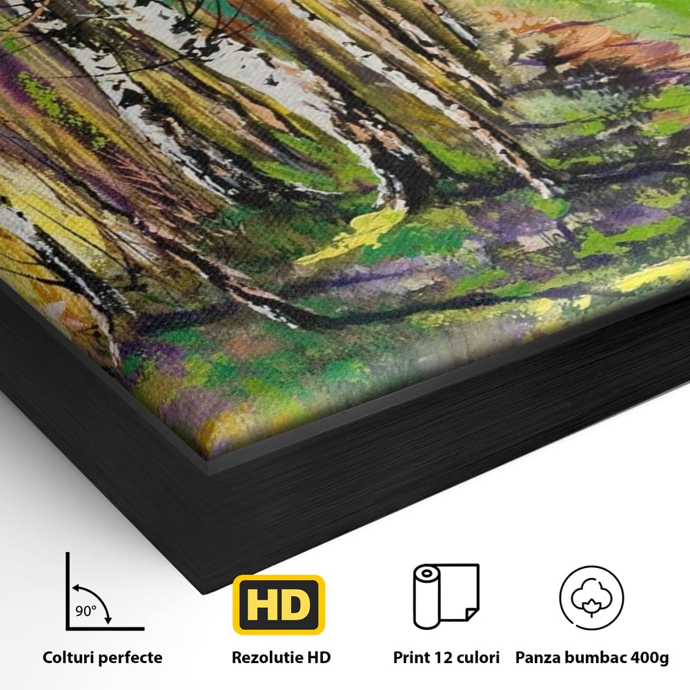Detaliu al suprafetei: tablou canvas cu padure si mesteacani, in rama de aluminiu negru