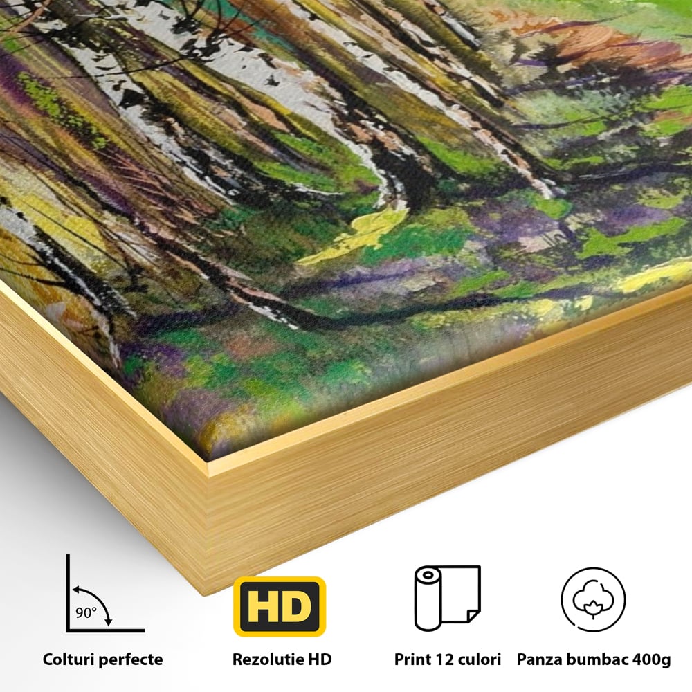 Detaliu al suprafetei: tablou canvas cu padure si mesteacani, in rama de aluminiu auriu