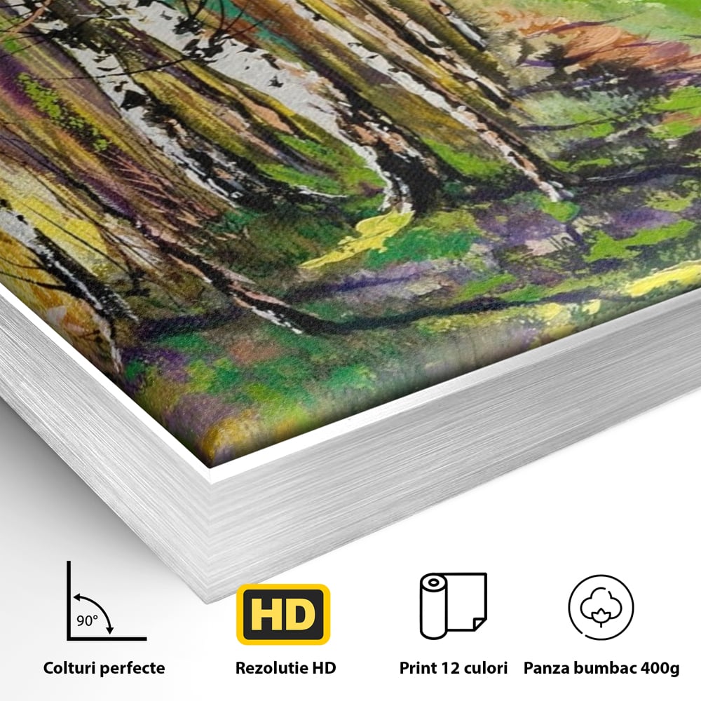 Detaliu al suprafetei: tablou canvas cu padure si mesteacani, in rama de aluminiu argintiu