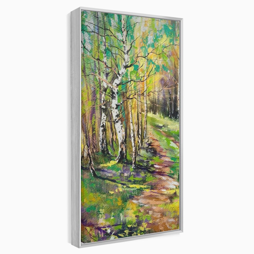 Tablou canvas cu tablou canvas cu padure si mesteacani, in rama de aluminiu argintiu