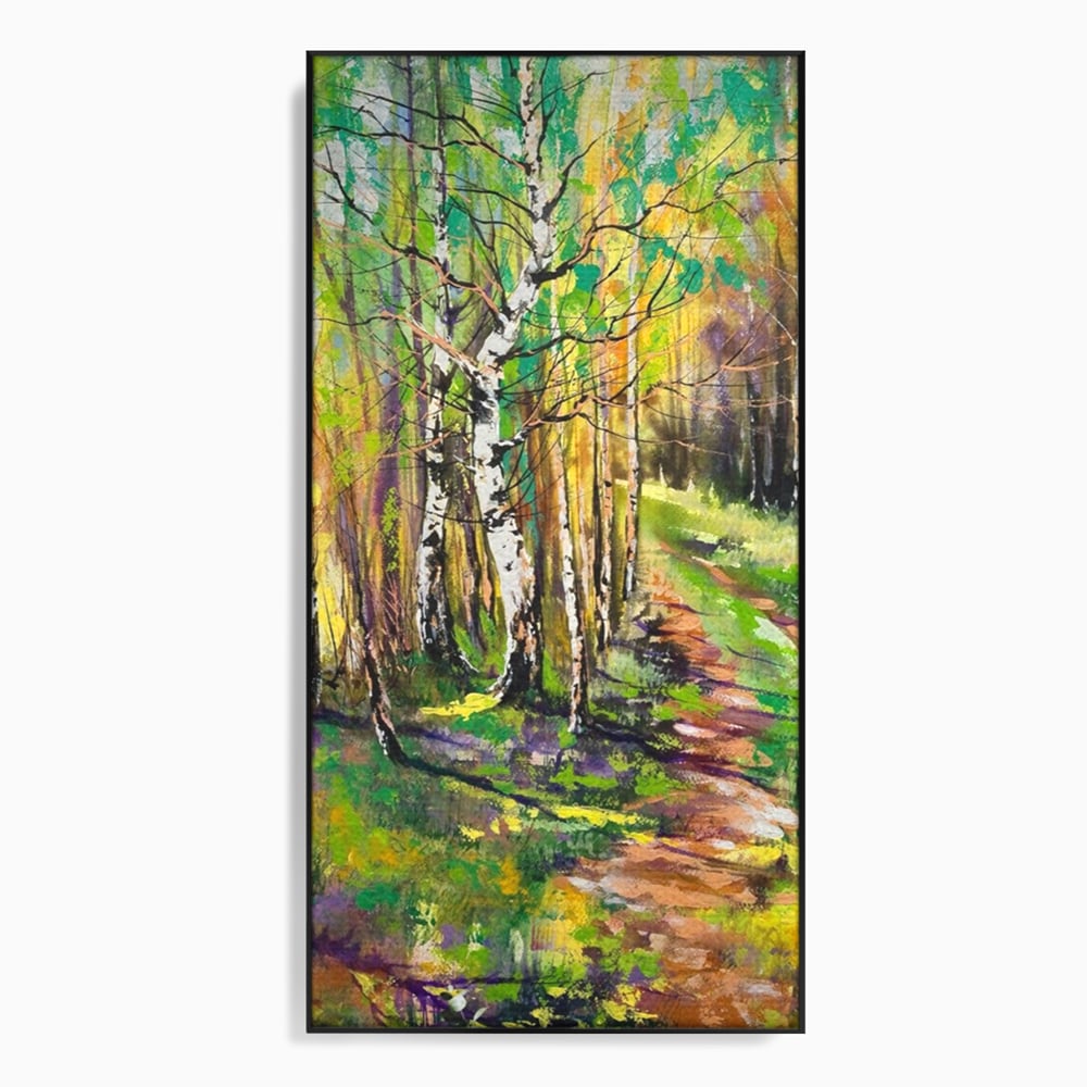 Tablou canvas cu tablou canvas cu padure si mesteacani, in rama de aluminiu negru