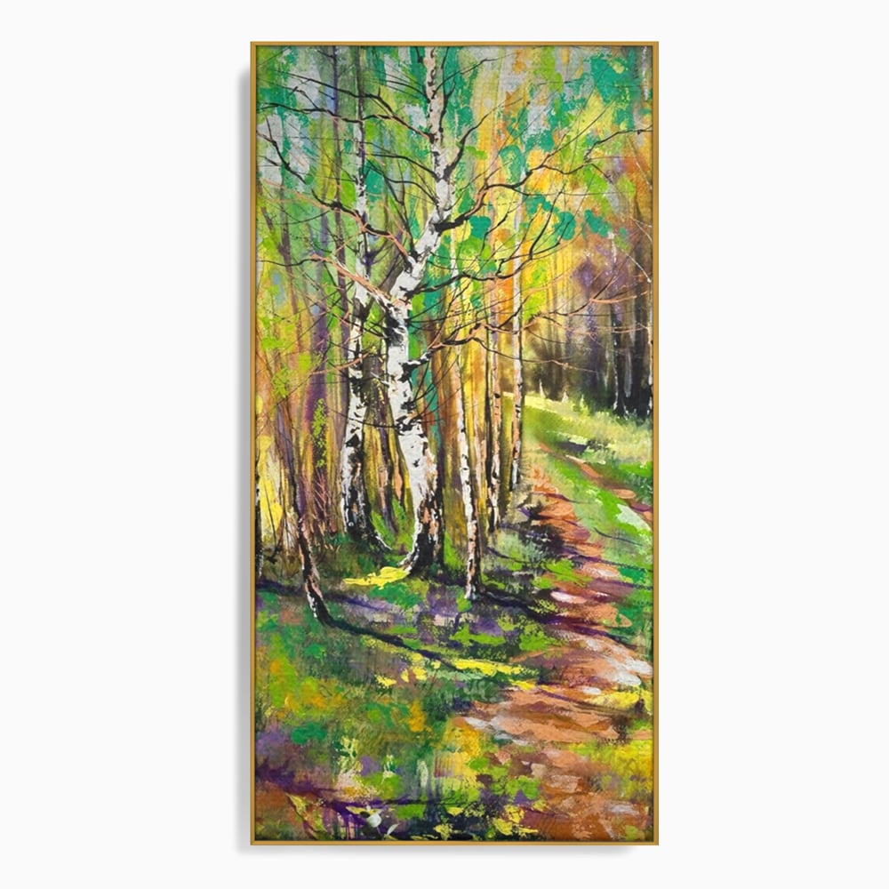 Tablou canvas cu tablou canvas cu padure si mesteacani, in rama de aluminiu auriu