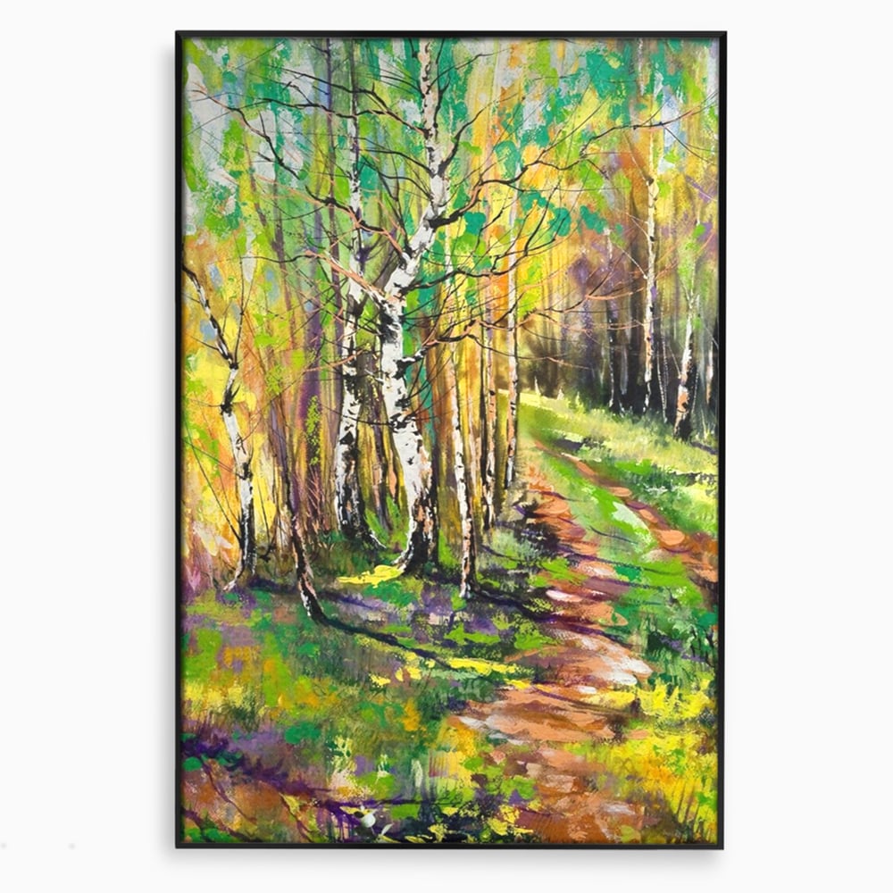 Tablou canvas cu tablou canvas cu padure si mesteacani, in rama de aluminiu negru