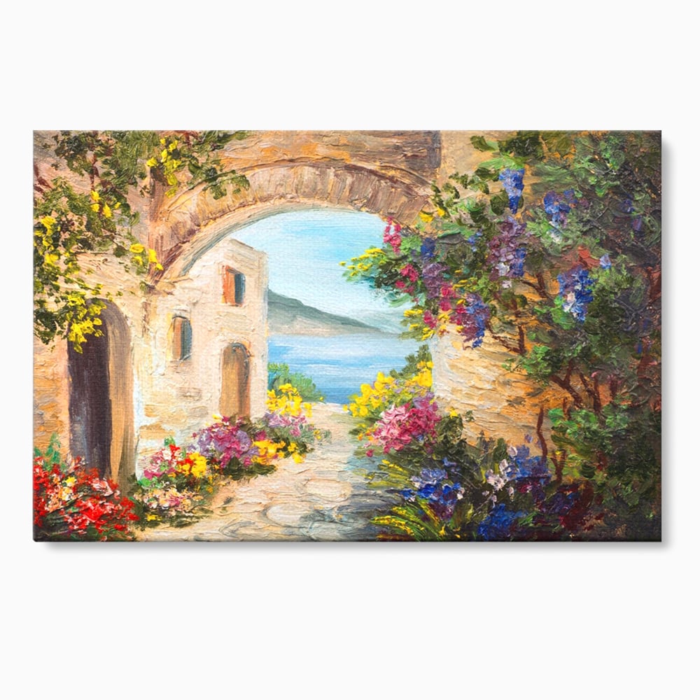 Tablou canvas cu pictura in ulei cu arcada de piatra si mare, fara rama, pe sasiu de lemn