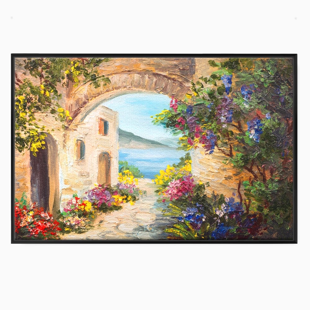 Tablou canvas cu pictura in ulei cu arcada de piatra si mare, in rama de aluminiu negru