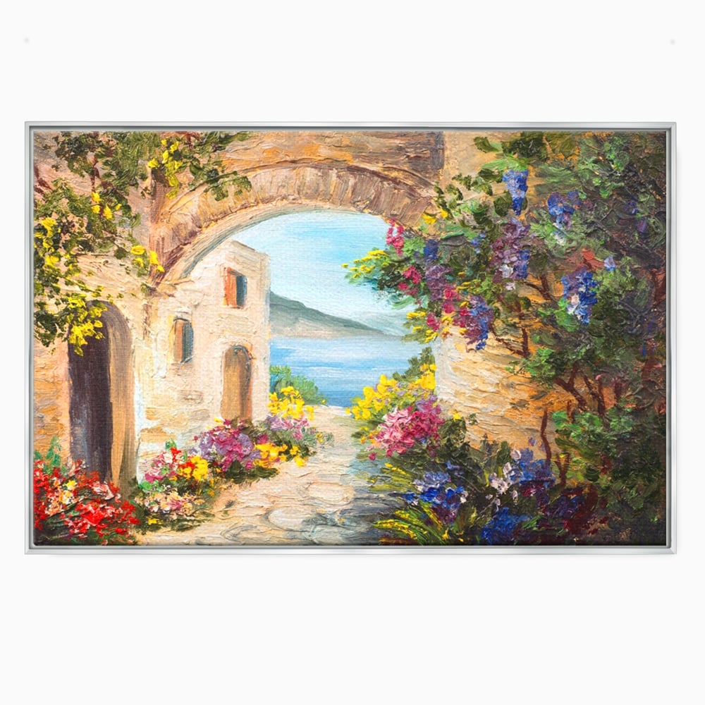 Tablou canvas cu pictura in ulei cu arcada de piatra si mare, in rama de aluminiu argintiu