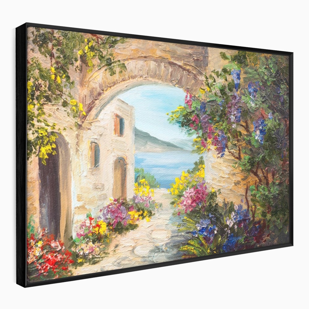 Tablou canvas cu pictura in ulei cu arcada de piatra si mare, in rama de aluminiu negru