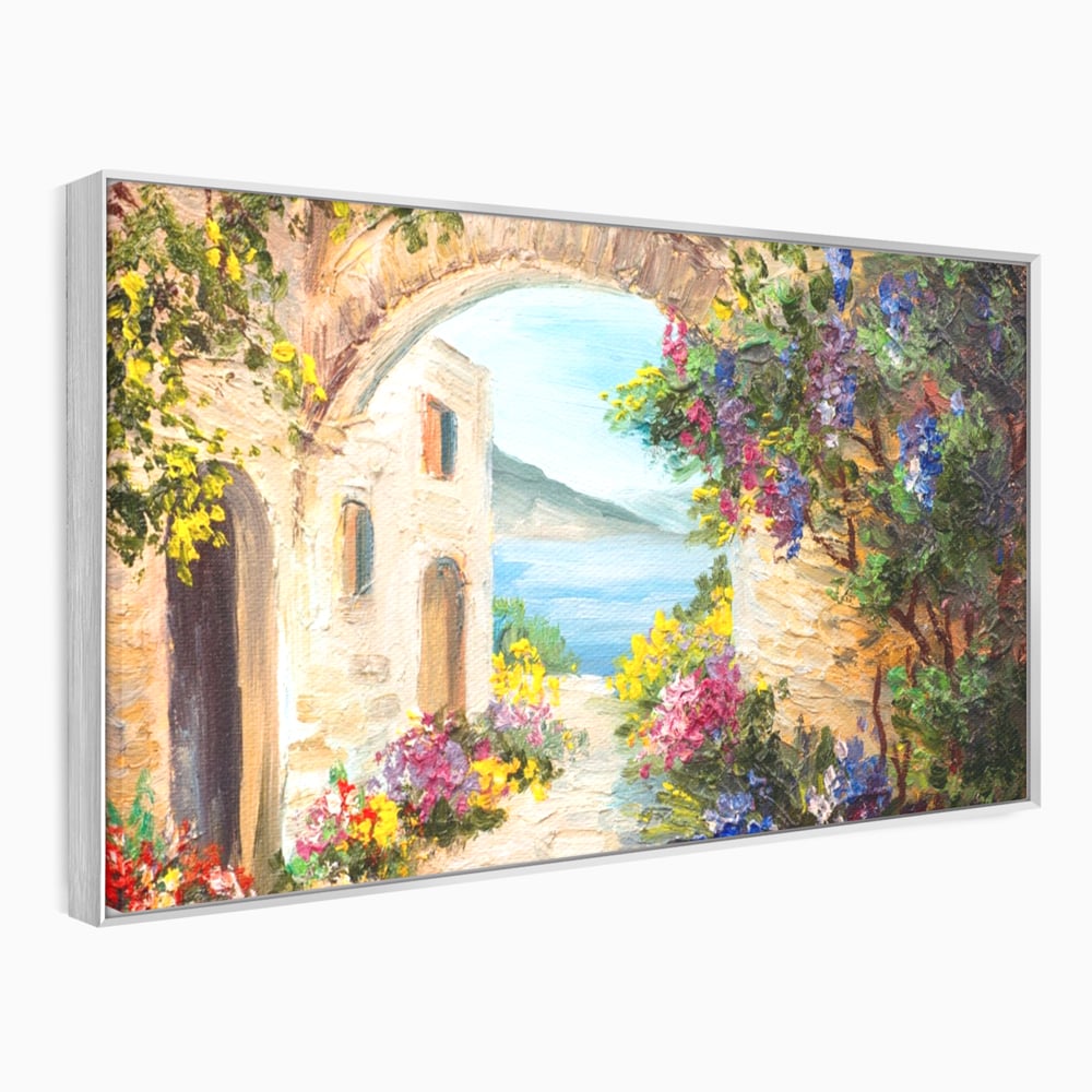 Tablou canvas cu pictura in ulei cu arcada de piatra si mare, in rama de aluminiu argintiu