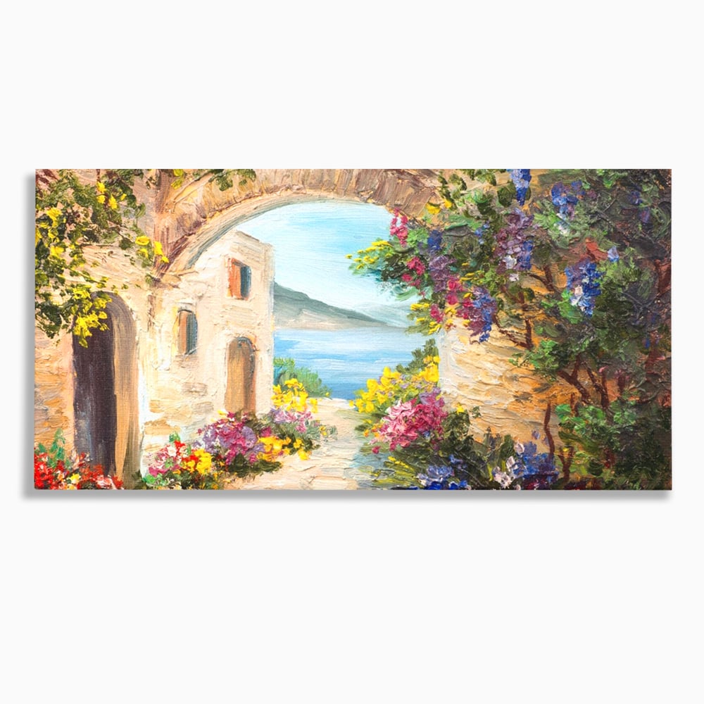 Tablou canvas cu pictura in ulei cu arcada de piatra si mare, fara rama, pe sasiu de lemn