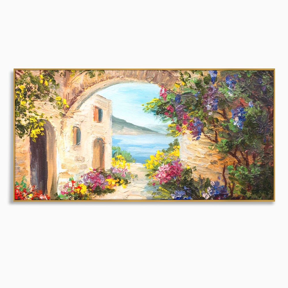 Tablou canvas cu pictura in ulei cu arcada de piatra si mare, in rama de aluminiu auriu