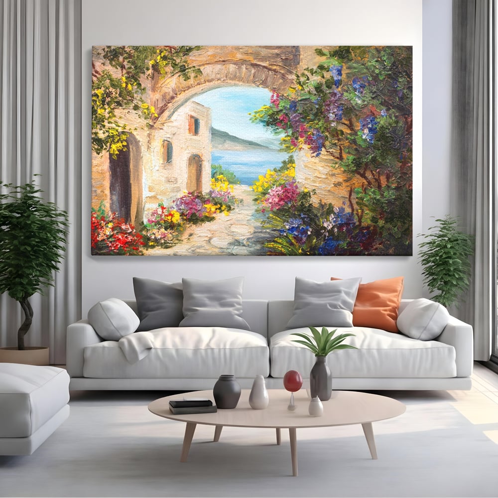 Tablou canvas cu pictura in ulei cu arcada de piatra si mare, fara rama, pe sasiu de lemn, pe perete intr-un living