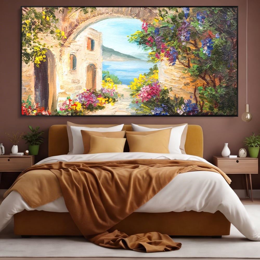 Tablou canvas cu pictura in ulei cu arcada de piatra si mare, in rama de aluminiu negru, pe perete intr-un dormitor
