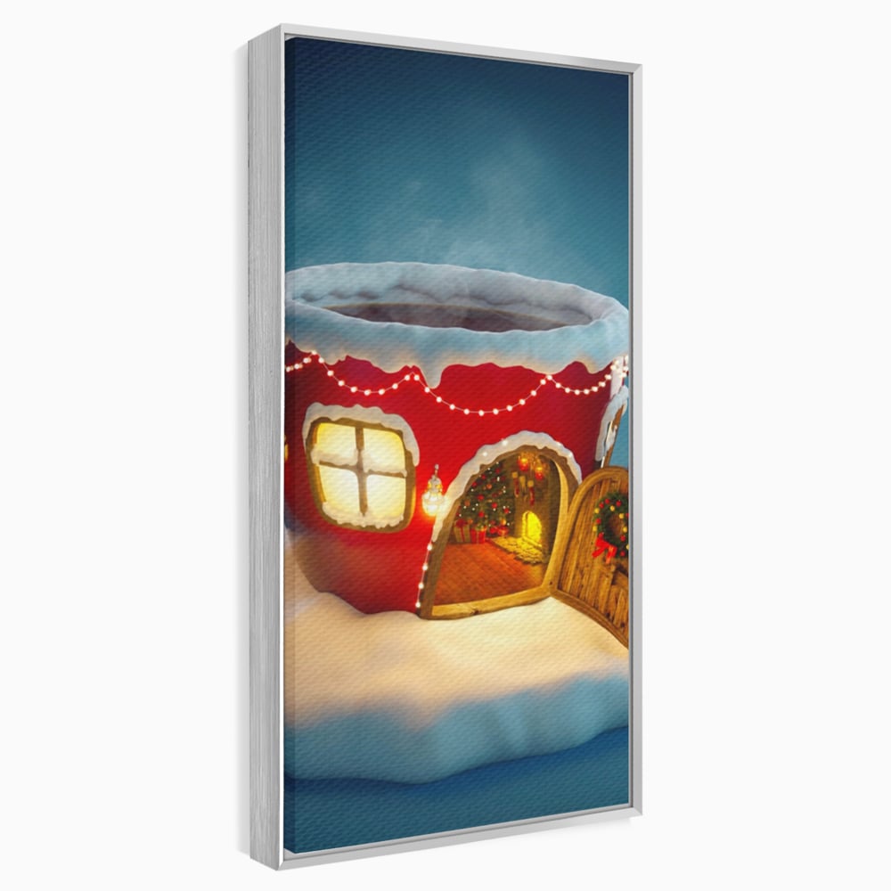 Tablou canvas cu ilustratie cana rosie cu casa de craciun, in rama de aluminiu argintiu