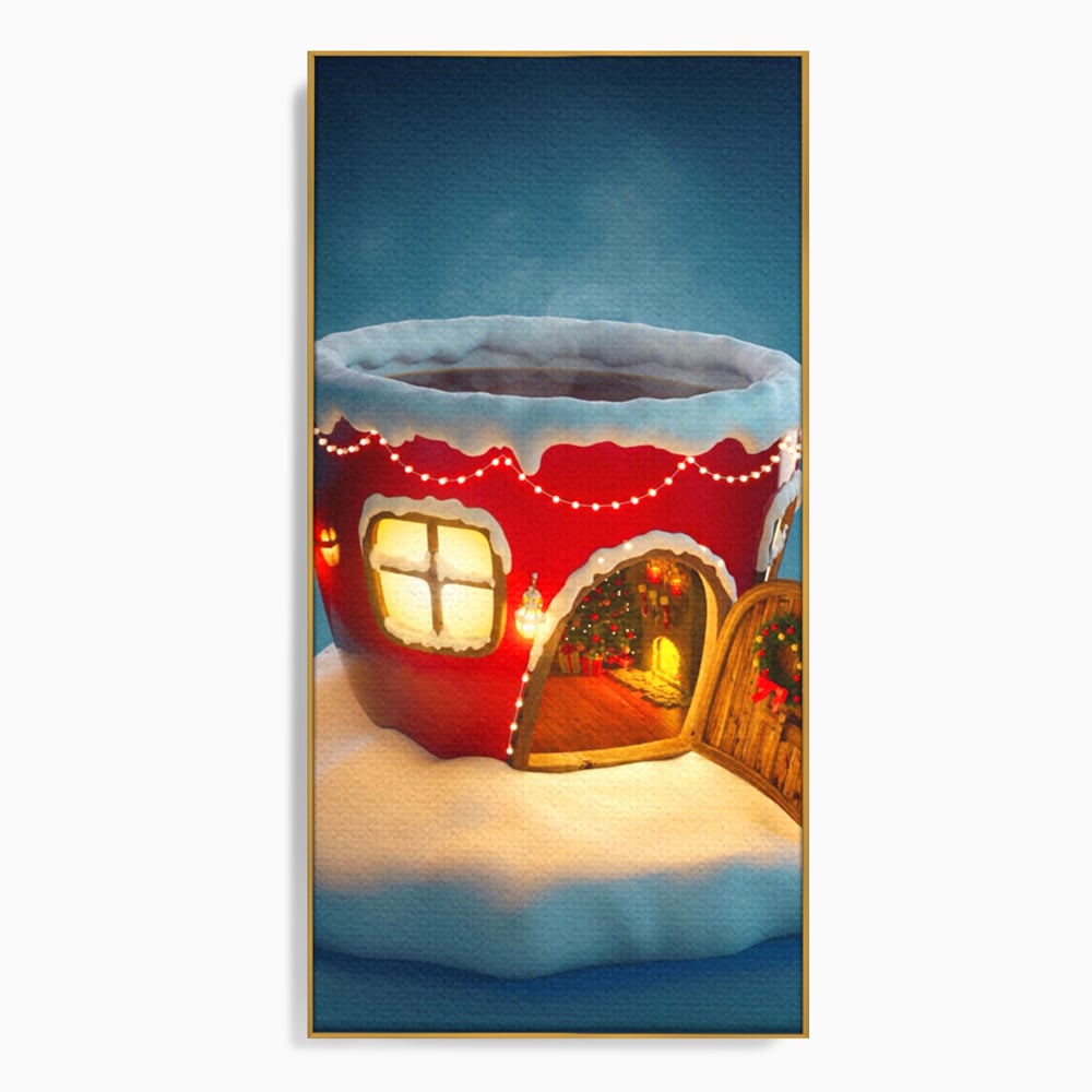 Tablou canvas cu ilustratie cana rosie cu casa de craciun, in rama de aluminiu auriu