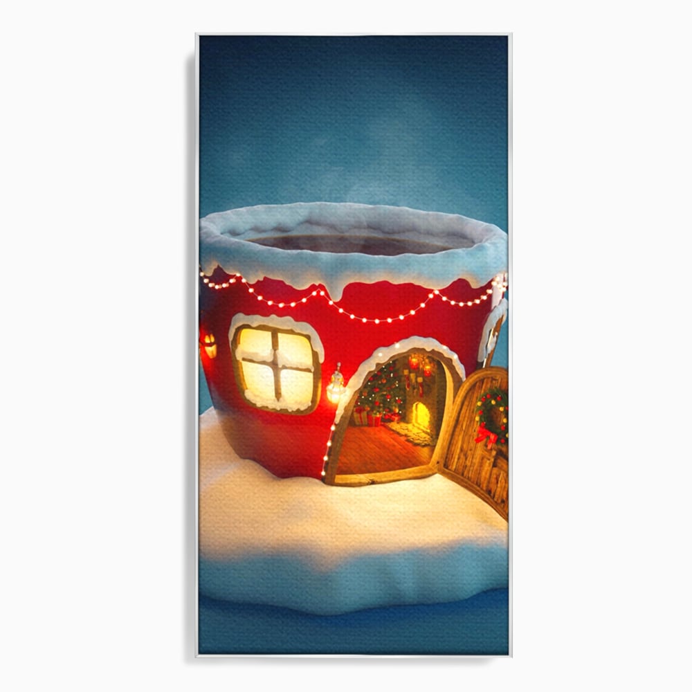 Tablou canvas cu ilustratie cana rosie cu casa de craciun, in rama de aluminiu argintiu