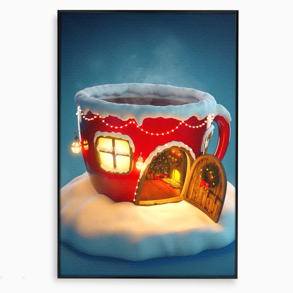 Tablou canvas cu ilustratie cana rosie cu casa de craciun, in rama de aluminiu negru