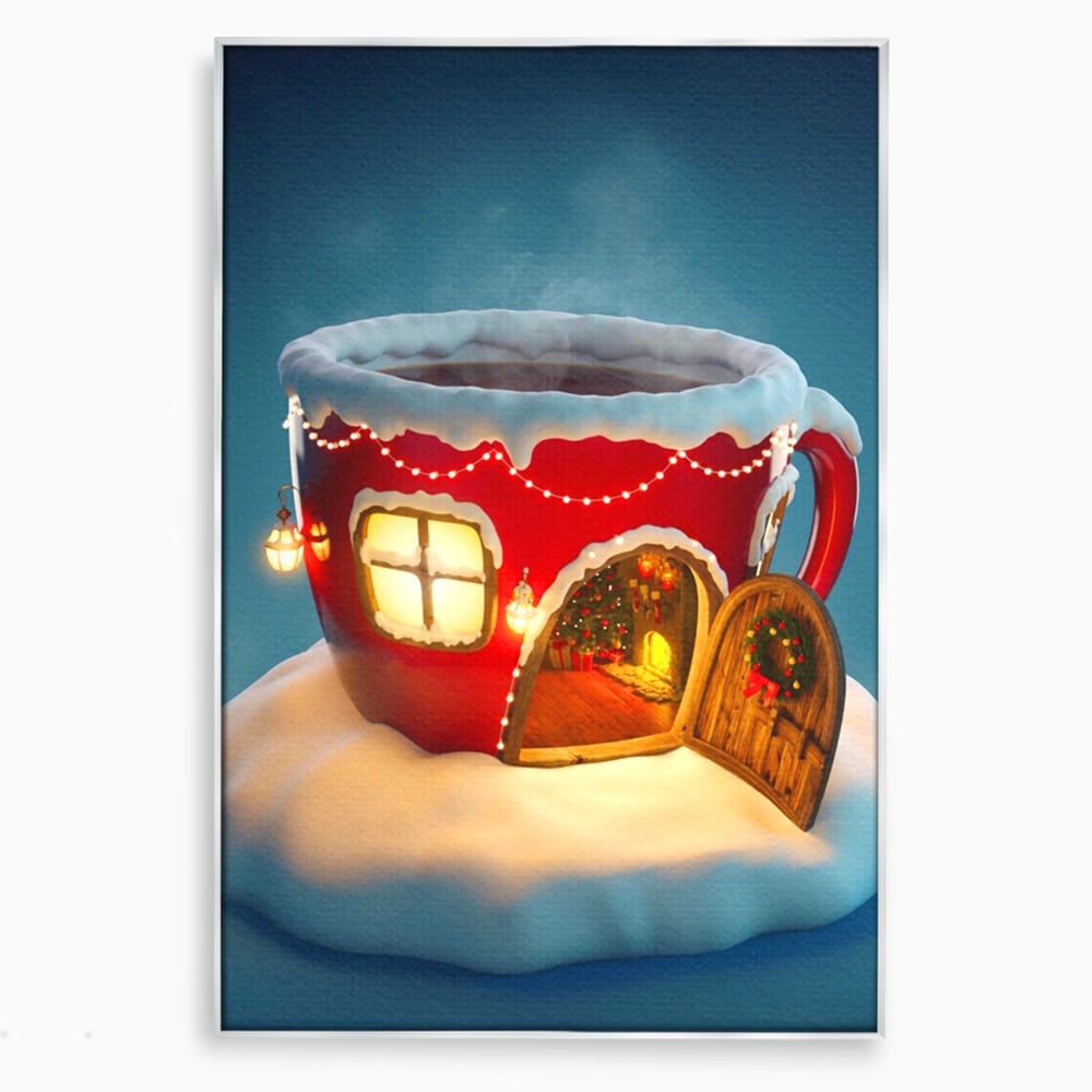 Tablou canvas cu ilustratie cana rosie cu casa de craciun, in rama de aluminiu argintiu