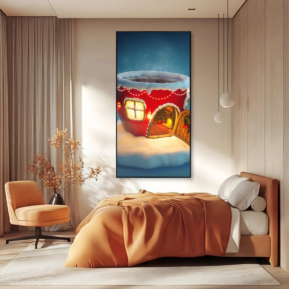 Tablou canvas cu ilustratie cana rosie cu casa de craciun, in rama de aluminiu negru, pe perete intr-un dormitor