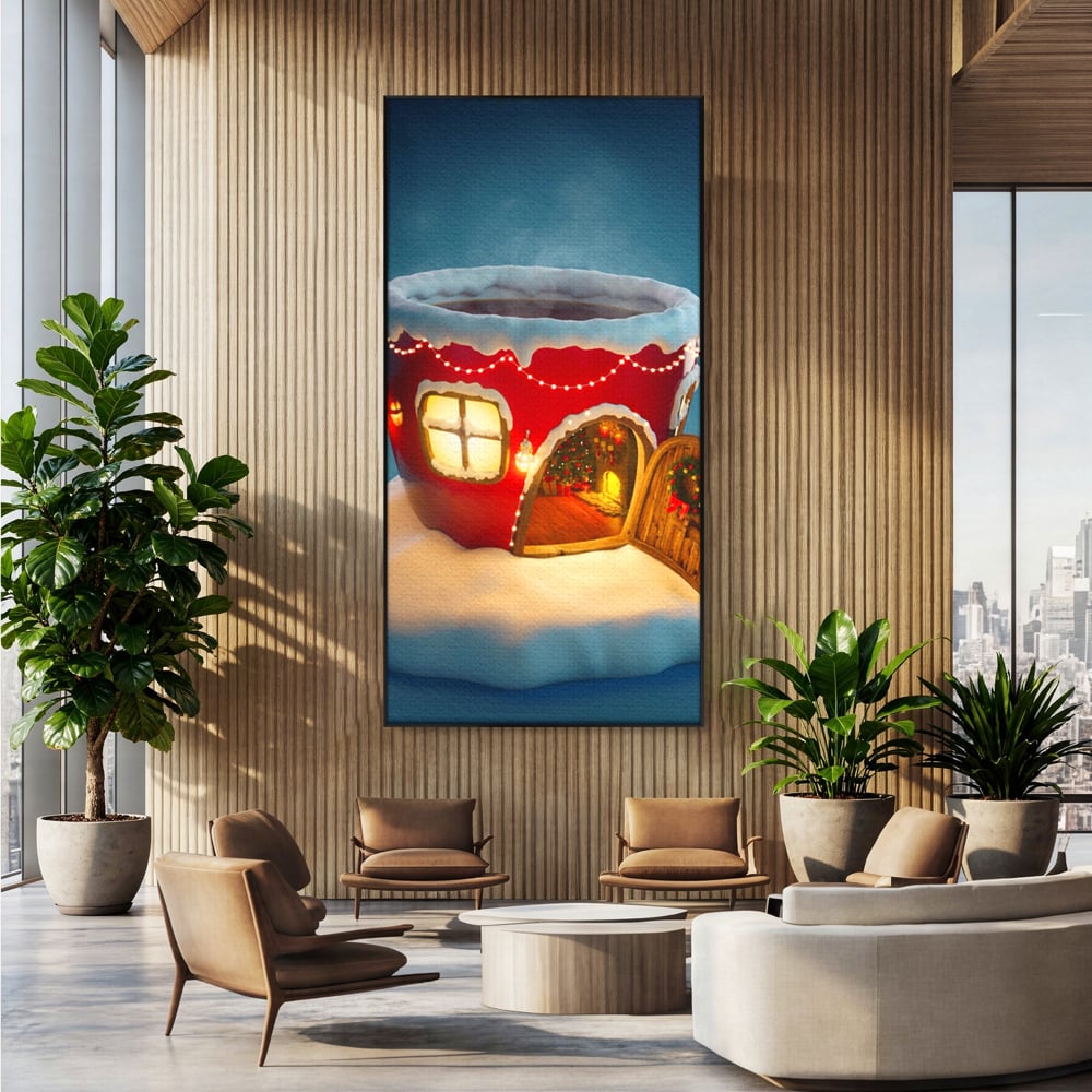 Tablou canvas cu ilustratie cana rosie cu casa de craciun, in rama de aluminiu negru, pe perete intr-un birou